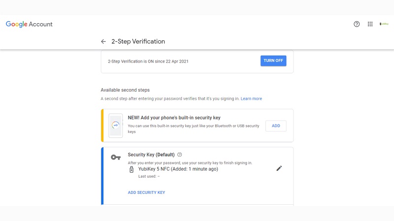 berhasil menambahkan yubikey