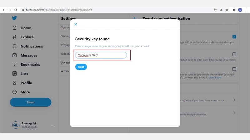 input nama perangkat twitter Yubikey