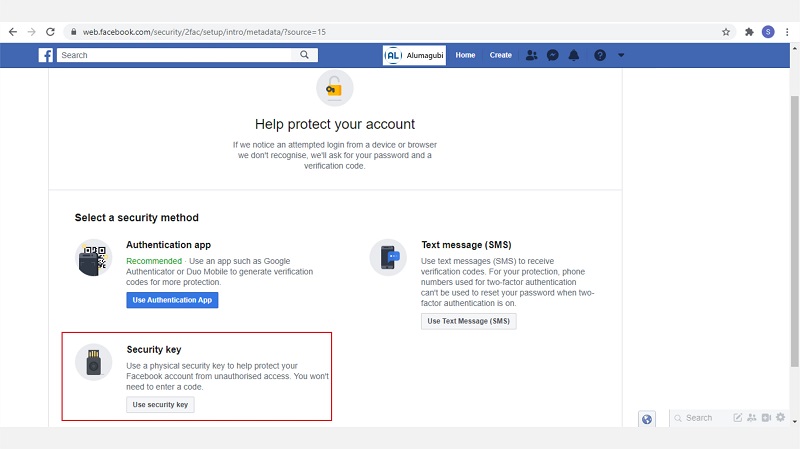 pilih security key facebook